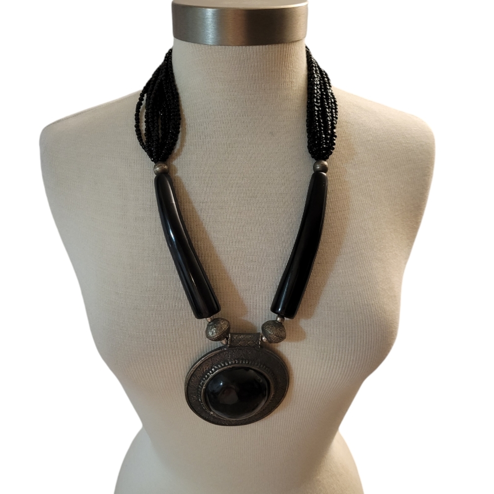 Large Pendant Necklace Horn Bone Beaded